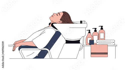 Relaxed woman leaning back in a salon chair at a hair washing station with bottles of shampoo and conditioner on a nearby table