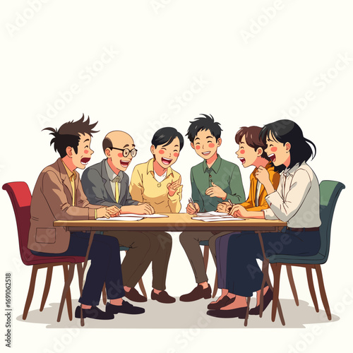 A diverse group of cheerful colleagues and friends engage in a lively discussion around a table, sharing ideas and laughter in a collaborative setting.