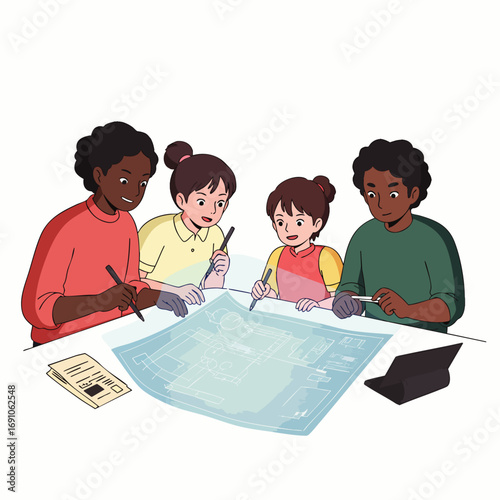 A diverse group of four professionals collaboratively analyzes a detailed blueprint, fostering innovative ideas and strategic planning in a dynamic team environment.