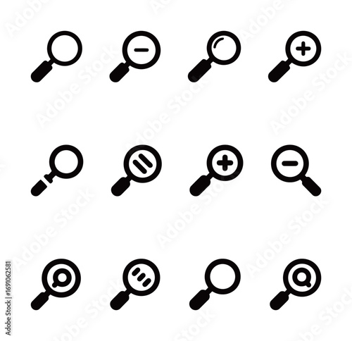 Magnifying glass icons with plus and minus signs. Zoom and search symbols.