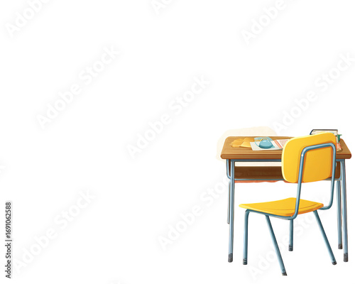 Bright Classroom Desk and Chair with Stationery on Wooden Surface