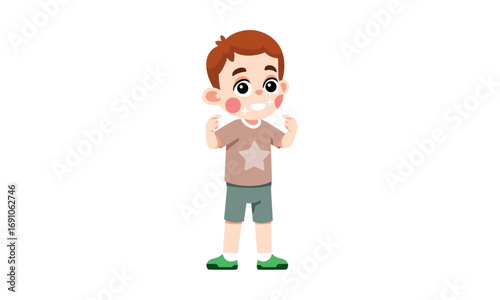 Happy boy flexing biceps, cartoon illustration.