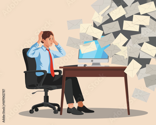 Businessman feeling stressed and overwhelmed by too much email communication at work