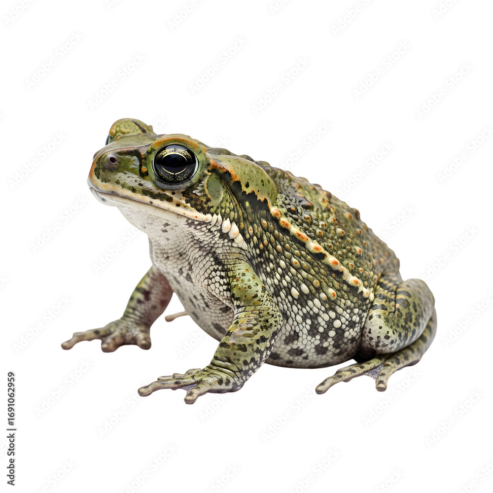Fototapeta premium Close-up of a green cane toad with rough skin, sitting on a white background.