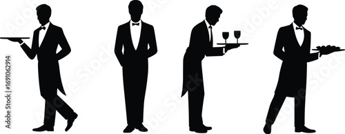 Waiter silhouettes serving food and drinks, elegant restaurant staff vector illustration, hospitality service icons, catering professionals, tuxedo uniform, fine dining restaurant design elements