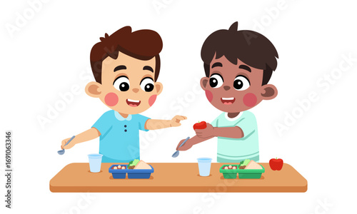 Two young boys of different ethnicities sharing food at a table, promoting friendship and kindness during mealtime.