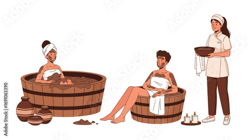 Relaxing spa scene with two people enjoying a warm bath in wooden tubs and a therapist offering service with a smile