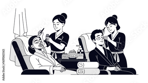 Two individuals receiving facial treatments from beauticians in a serene spa setting with bottles and towels arranged on a table
