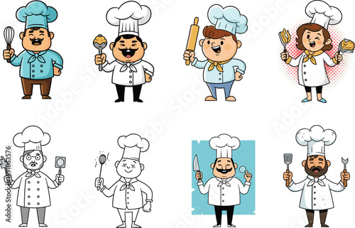 Set of cartoon chefs holding kitchen utensils and food items in colorful and black‑and‑white versions, fun vector cooking illustration