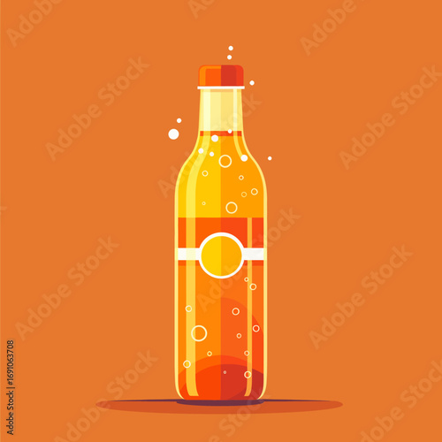 Refreshing Orange Soda Bottle with Bubbles and a Bright Orange Background