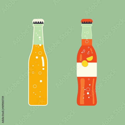 A vibrant flat vector illustration of two classic glass bottles filled with fizzy orange and red carbonated soft drinks on a solid color background