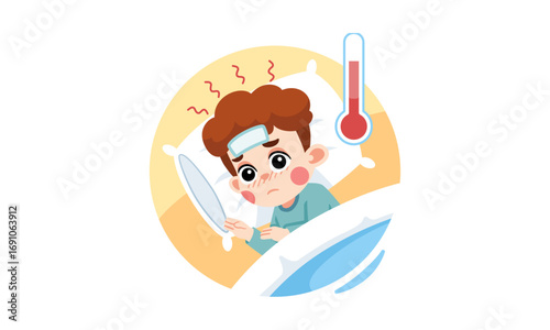 A cartoon illustration of a sick young boy with a high fever lying in bed with a thermometer and a cold compress.