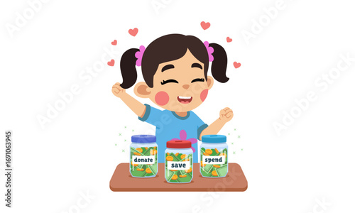 A happy young girl with pigtails is celebrating with her three jars labeled donate, save, and spend.