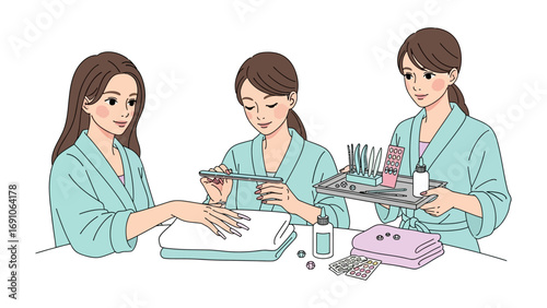 Three women in spa robes receiving or giving manicures and pedicures in a relaxing beauty salon setting with nail care products
