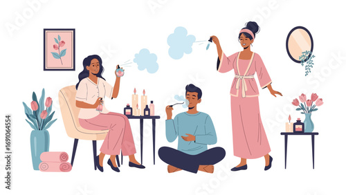 Three diverse people enjoying a relaxing self care routine applying skincare products and serums in a cozy home environment