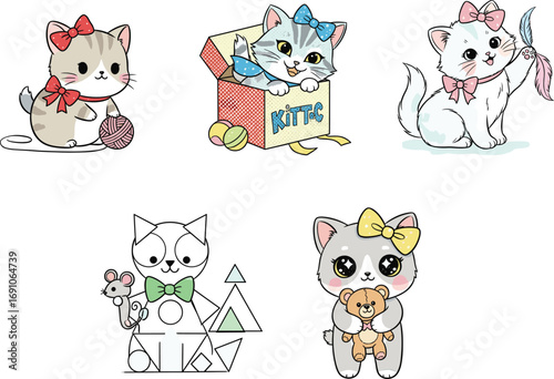 Set of cute cartoon cats in playful poses with bows, toys, and accessories, adorable vector illustration for pet lovers
