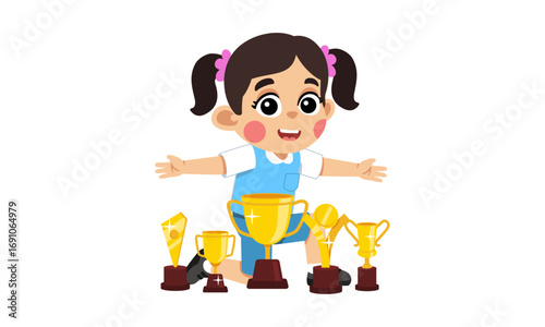 A happy cartoon girl kneels proudly with her arms open, surrounded by many golden trophies.