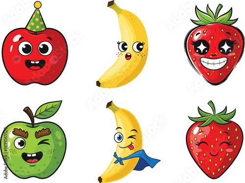 Set of cute cartoon fruits including apple, banana, and strawberry with expressive faces, fun vector illustration for children and food themes