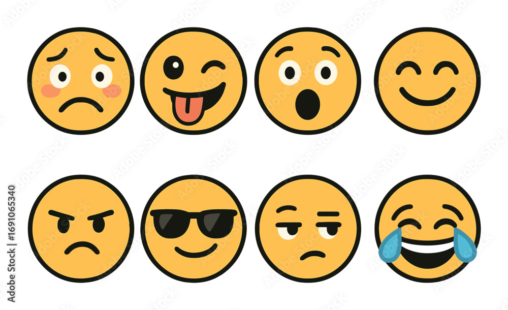 Fototapeta premium Expressive emoji collection: sadness, joy, surprise, humor, coolness, sarcasm, laughter
