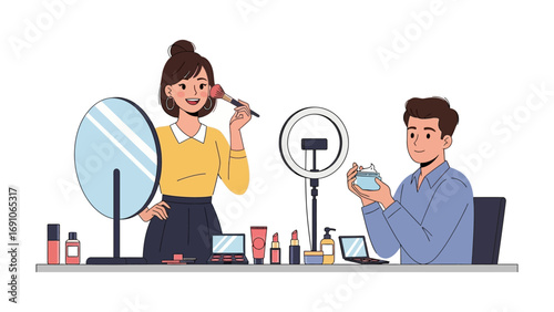 Young woman applying makeup with a brush in front of a mirror while a man holds a skincare product surrounded by beauty items and a ring light illustrating beauty routine and content creation