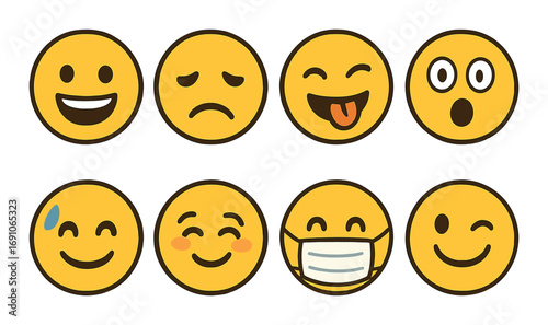 Collection of eight expressive yellow emoji faces on brown background