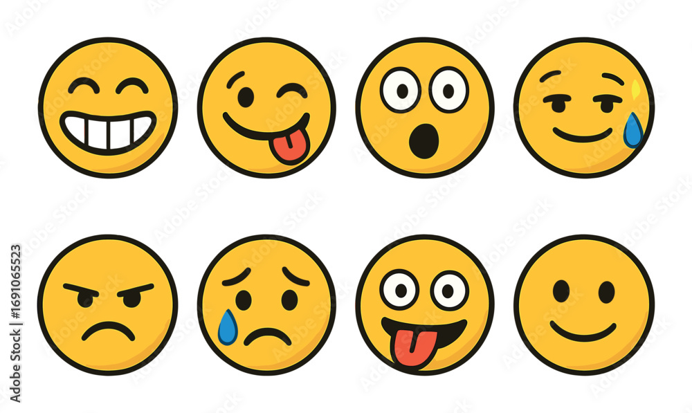 Fototapeta premium Set of eight yellow emoji faces displaying various expressions on brown background