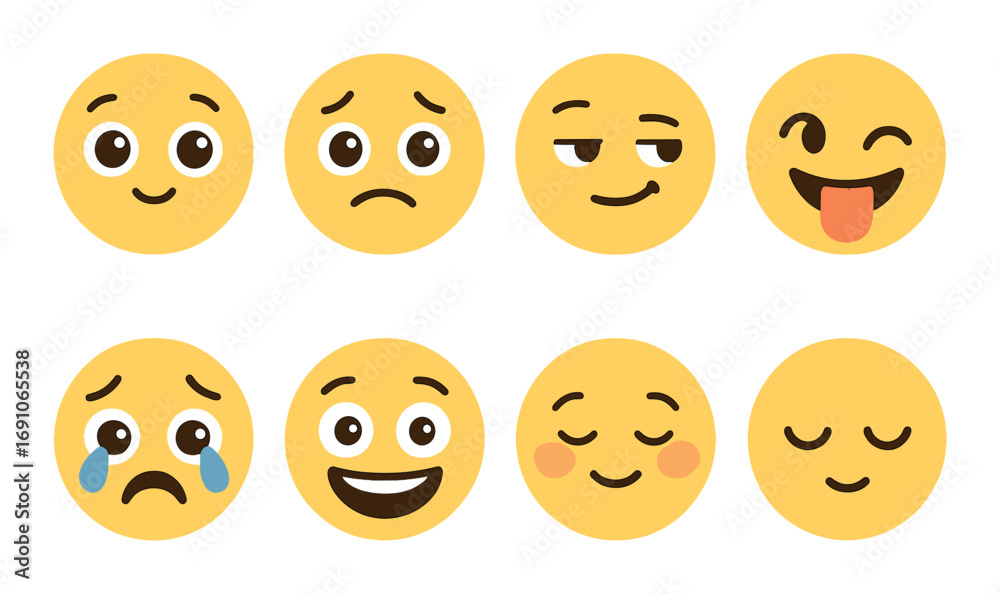Fototapeta premium Set of eight glowing emoji faces with various expressions including sadness and joy