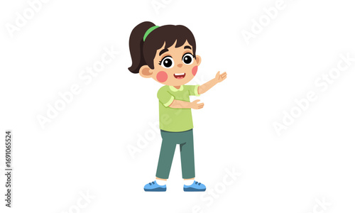 A happy little girl with rosy cheeks, wearing a green shirt and teal pants, is presenting something.