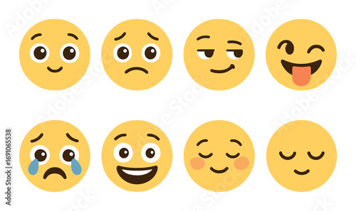 Set of eight glowing emoji faces with various expressions including sadness and joy