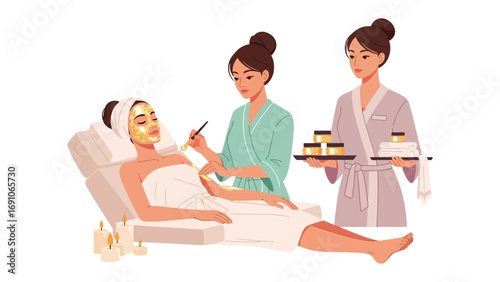 Skilled aestheticians providing a luxurious facial treatment and beauty products to a relaxed client in a serene spa environment