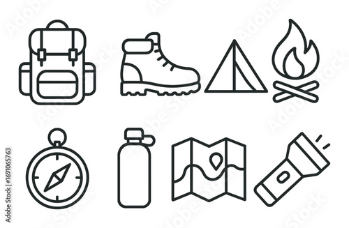 Camping essentials: backpack, hiking boots, tent, fire, compass, water bottle, map, flashlight icons