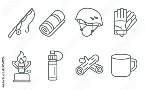 Camping essentials icons: knife, sleeping bag, helmet, gloves, stove, jetboil, firewood, mug