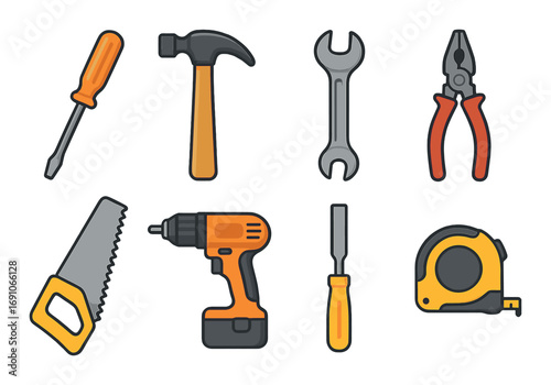 Set of illustrated hand tools including screwdriver hammer wrench pliers saw drill chisel tape measure