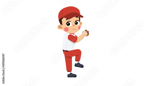 A cute cartoon boy in a baseball uniform is ready to pitch.