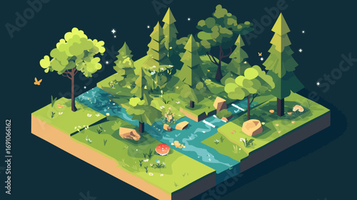 A serene isometric vector landscape of a forest block with a gentle stream, pine trees, and lush greenery in a modern low-poly style