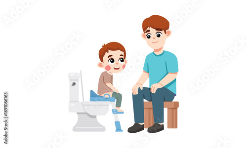 A father patiently helps his young son with potty training on a toilet with a special seat.