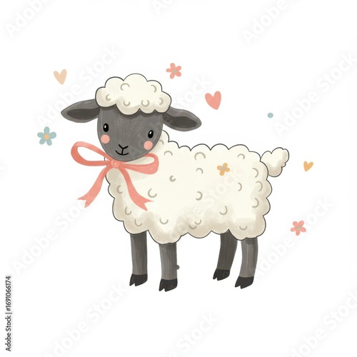 Charming illustration of a fluffy lamb with a pink bow, perfect for children’s designs, Easter, or baby shower themes.
