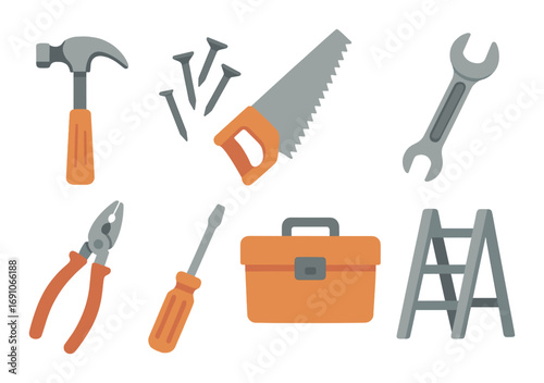Assorted hand tools: hammer, saw, wrench, pliers, screwdriver, toolbox, ladder
