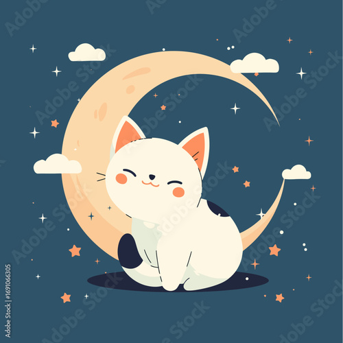 Adorable white kitten sitting under a crescent moon with stars and clouds, whimsical cartoon illustration