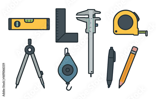 Collection of hand tools featuring ruler, compass, and tape measure for accurate measurement