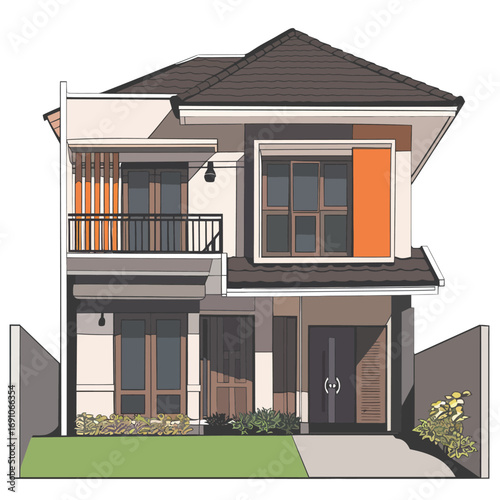 Modern Two-Story House Vector Illustration with Contemporary Architectural Design, Featuring Stylish Windows and an Elegant Roofline, Ideal for Residential Property Development Projects