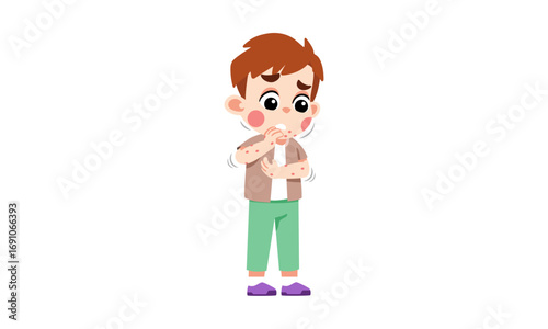 Boy with measles, a contagious disease, with red spots on his face and body.