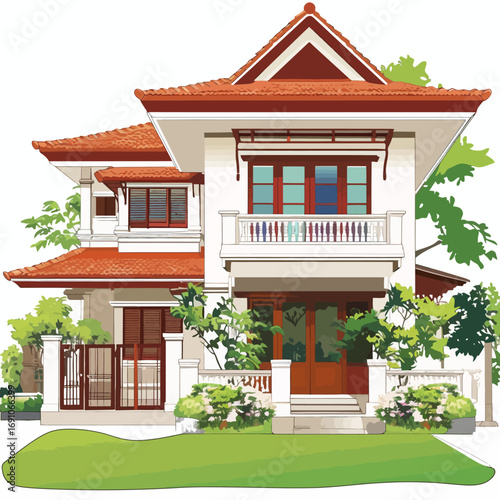 Elegant Modern House with Red Roof Illustration in Lush Greenery
