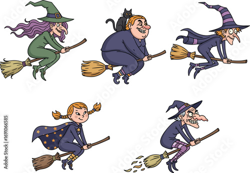 Whimsical cartoon witches flying on broomsticks with magical accessories, Halloween fantasy characters, cute vector illustration for children’s seasonal holiday design