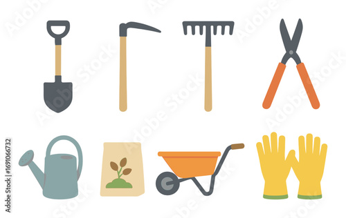 Glowing garden tools set: shovel, hoe, rake, shears, watering can, wheelbarrow, gloves
