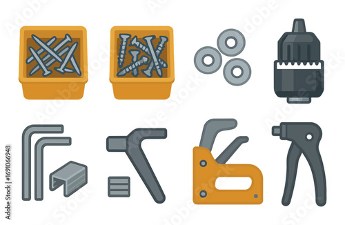 Assorted hand tools and fasteners with screws nails drill bits and clamps