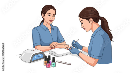 Professional manicurist meticulously applying gel nail polish to a client s fingernails using a uv lamp and colorful polish bottles on a clean salon table