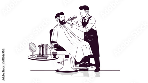 Vintage illustration of a barber meticulously trimming a client s beard and hair with clippers in a classic barbershop setting