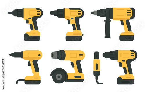 Collection of yellow cordless power drills on dark background