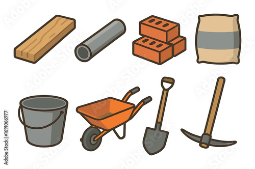Cartoon construction tools and materials illustration with wheelbarrow, bricks, and shovel
